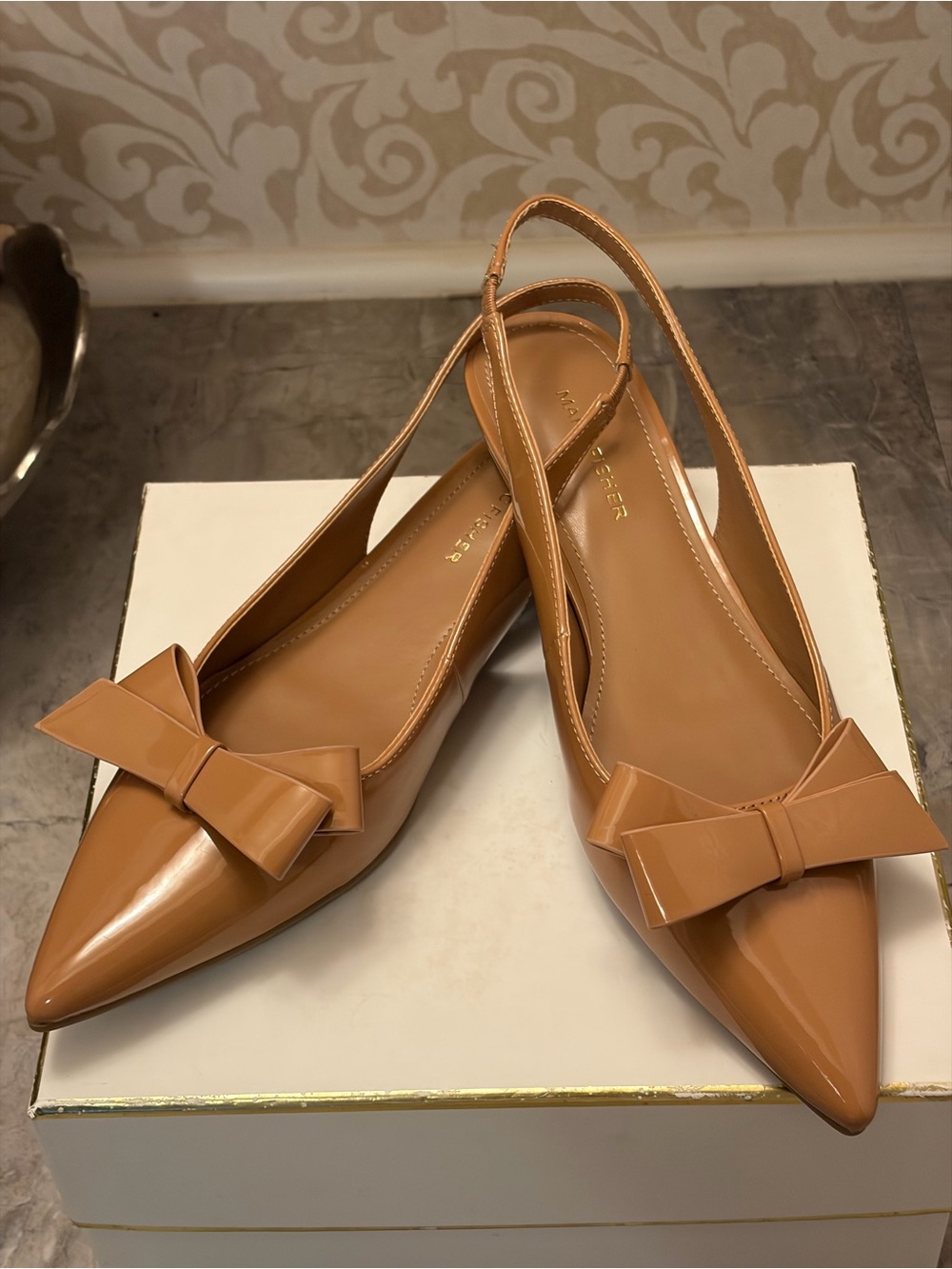 Marc Fisher Tan Patent Pointed Slingback Flats with Bow